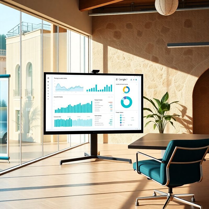 Google Looker Studio dashboard s teal grafikonima na velikom monitoru u modernom uredu