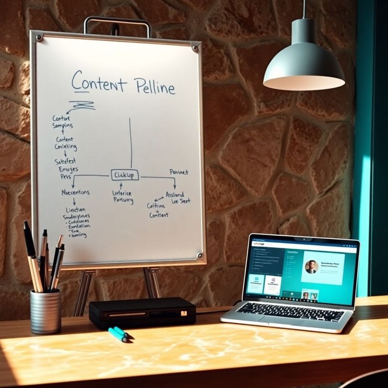 Dijagram content pipelinea na bijeloj ploči s teal markerima i ClickUp workflow na laptopu
