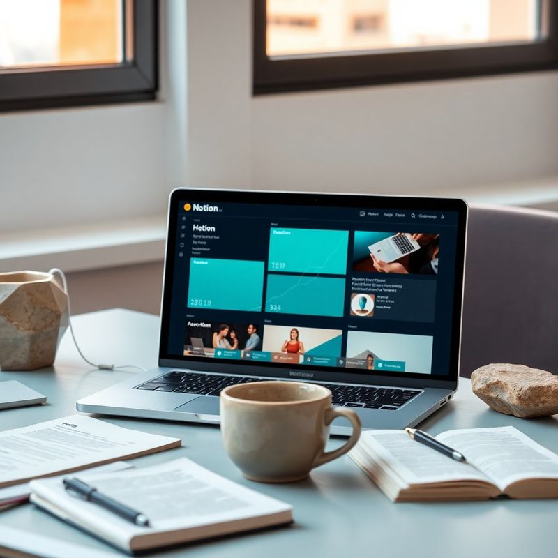 Notion publishing dashboard na MacBook zaslonu s teal akcentima u splitskom uredu