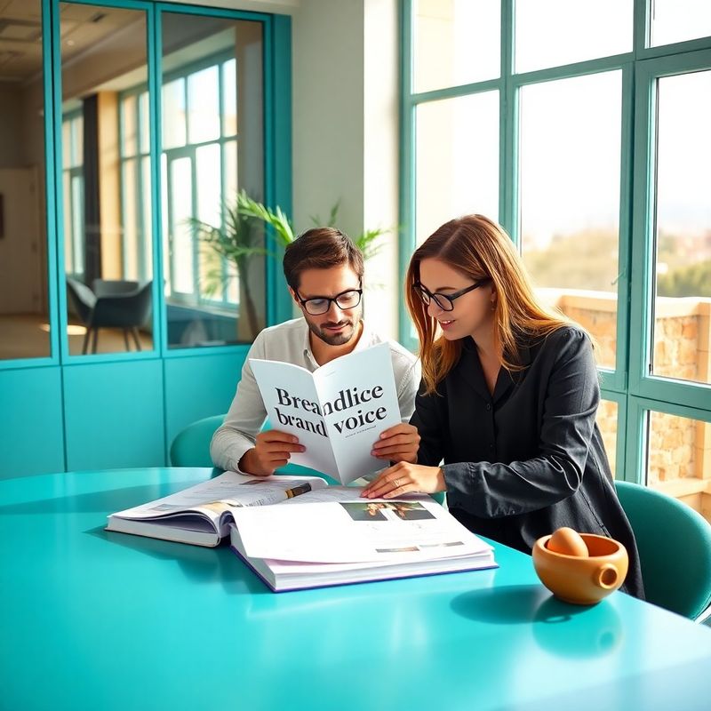 Dvoje kolega pregledavaju tiskani brand voice priručnik u svijetlom teal-modernom uredu